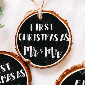 First Christmas Married Hand Painted Wood Christmas Ornament Mr Mrs Newlyweds image 3