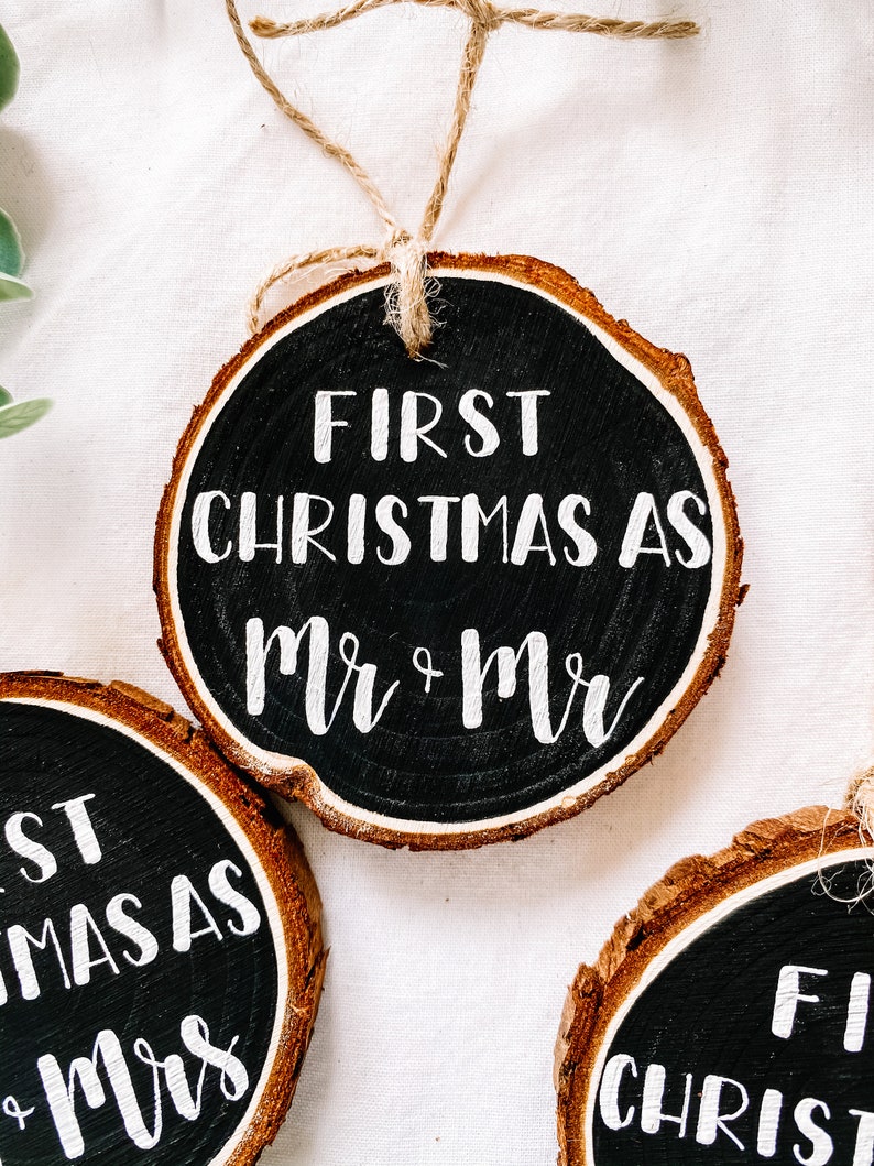 First Christmas Married Hand Painted Wood Christmas Ornament Mr Mrs Newlyweds image 3