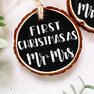 First Christmas Married Hand Painted Wood Christmas Ornament Mr Mrs Newlyweds image 2
