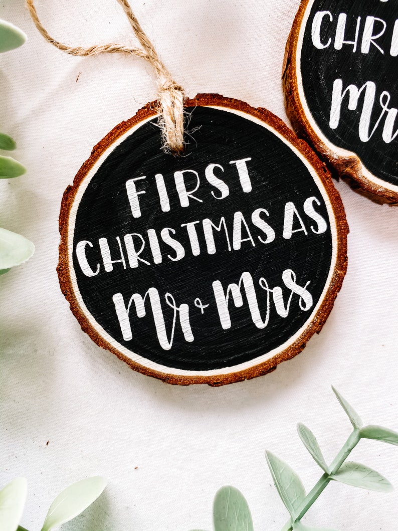 First Christmas Married Hand Painted Wood Christmas Ornament Mr Mrs Newlyweds image 2