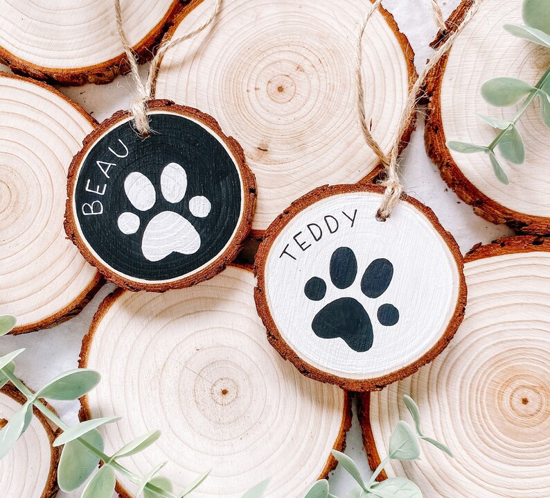 Dog Hand Painted Paw Christmas Ornament Wood Personalized Dog Name Gift Dog Lover image 2