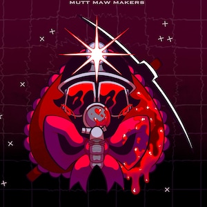 Könnte beinhalten: Digitale Illustration eines rot-rosa Charakters mit Schleife, Herz und Stern. Das Bild hat einen dunklen, gitterartigen Hintergrund mit dem Text "MUTT MAW MAKERS" oben.