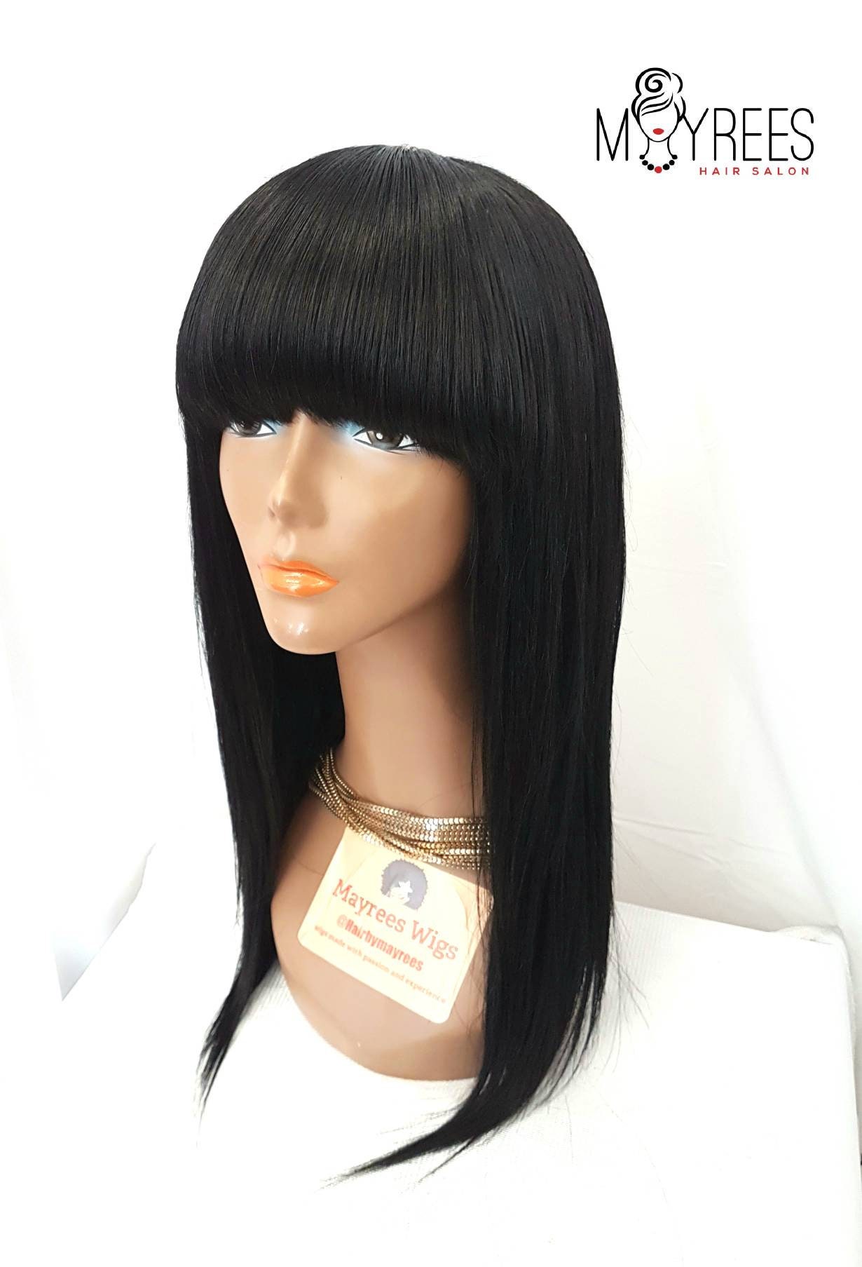 Full Fringe/full Bangs Human Hair Handmade Wig. Colour 1(jet Black ...