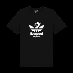 May include: Black t-shirt with a white logo featuring a bird design and the words "liverpool originals." The logo is centrally placed. The shirt has short sleeves and a round neck.