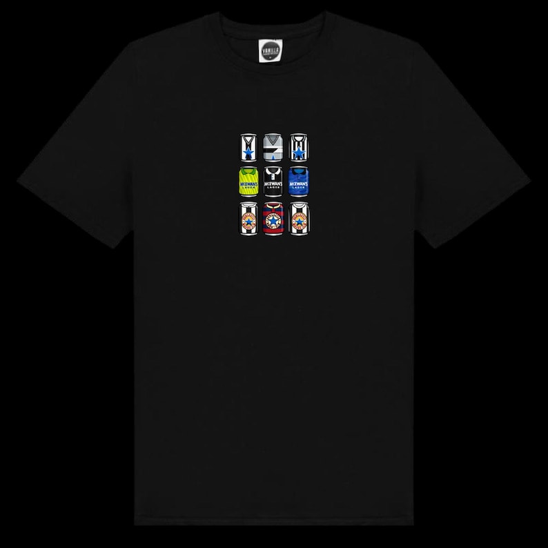 May include: Black t-shirt featuring a grid of nine colorful can illustrations. Each can design has a unique color scheme and graphic, including text. The shirt has a crew neck and short sleeves.