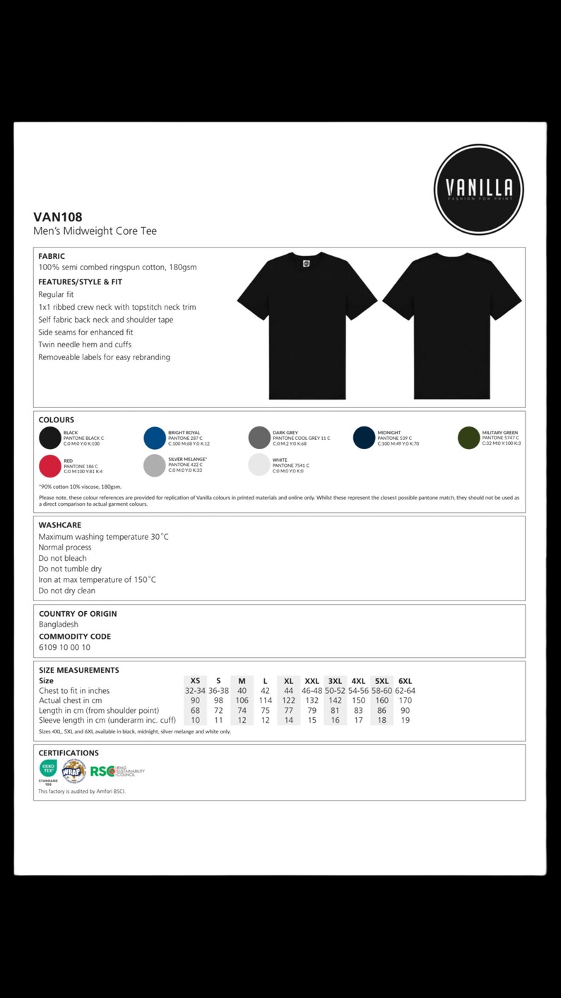 K&ouml;nnte beinhalten: Schwarze T-Shirts mit Rundhalsausschnitt und dem Logo "VANILLA". Hergestellt aus 100 % halbgek&auml;mmter Ringspinn-Baumwolle, 180 g/m&sup2;. Merkmale: regul&auml;re Passform, gerippter Rundhalsausschnitt und Doppelnadel-Saum. Erh&auml;ltlich in den Gr&ouml;&szlig;en XS bis 6XL. Brustumfang in cm: 90 bis 170.