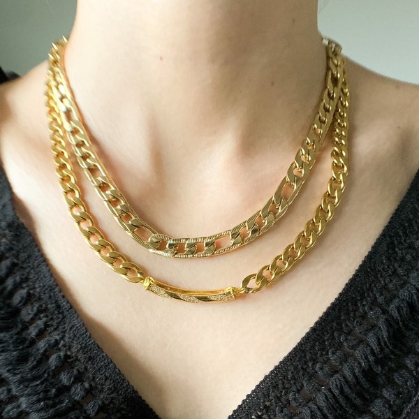 Layered curb chain necklace,two strand gold choker,baddie bundle,streetstyle,soft streetwear aesthetic,grunge jewelry,edgy clothing