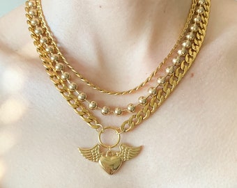 Heart wings necklace, layered necklace set, angelcore jewelry, soft girl aesthetic, baddie bundle, 90s grunge, gold edgy jewelry, ball chain