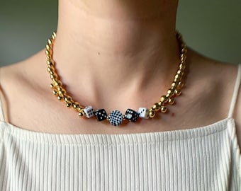 Streetwear grunge beaded chain choker,dice bead edgy necklace,soft goth accessories,baddie aesthetic clothes,punk emo clothing,gold handmade