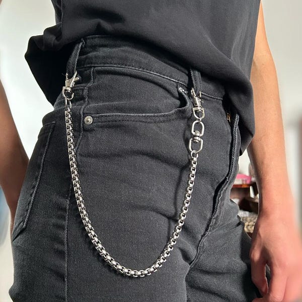 Cadena de serpiente para cinturón, cadena para pantalones, cadenas góticas punk grunge, cadena para billetera, cierre giratorio de plata industrial, accesorios emo para personas mayores, alternativa
