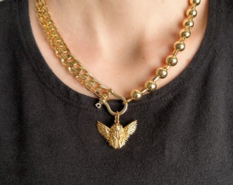 Handmade Cherub angel gold chain necklace,cool girl choker,streetwear jewelry,aesthetic fashion,eclectic bold style,edgy indie accessories