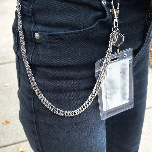Chaîne de ceinture pour badge d'identification, style gothique corporate, chaînes punk, grunge années 90, chaîne de portefeuille, porte-badge, enrouleur de badge rétractable, cadeau gothique, emo senior, style avant-gardiste