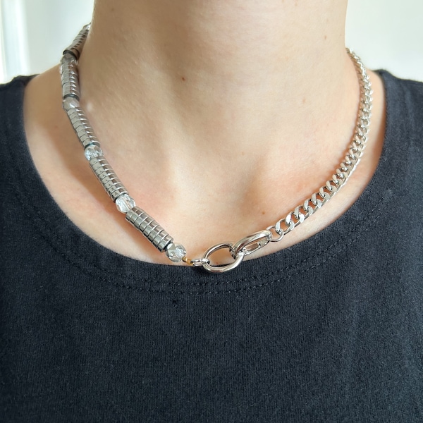 Handmade silver metallic chain necklace,edgy street aesthetic jewelry,indie curb chain,rockstar accessories,alt cool girl,grunge glam,punk