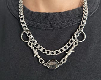 Layered Kette grau Strassstein Halskette,Stacheldraht Halskette,punk Zubehör,glam goth,Edelstahl,alternative edgy Schmuck,Bösewicht