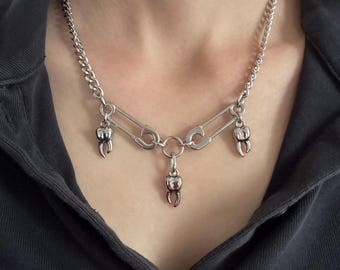 Silver tooth charm necklace,y2k jewelry,macabre accessories,gothic punk chains,alt alternative,horror,human teeth,safety pin charms,steel
