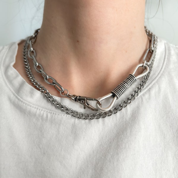 Handmade silver chain grunge necklace,edgy aesthetic accessories,streetwear,soft goth,layered chain,punk metal style,hardcore,chunky charms