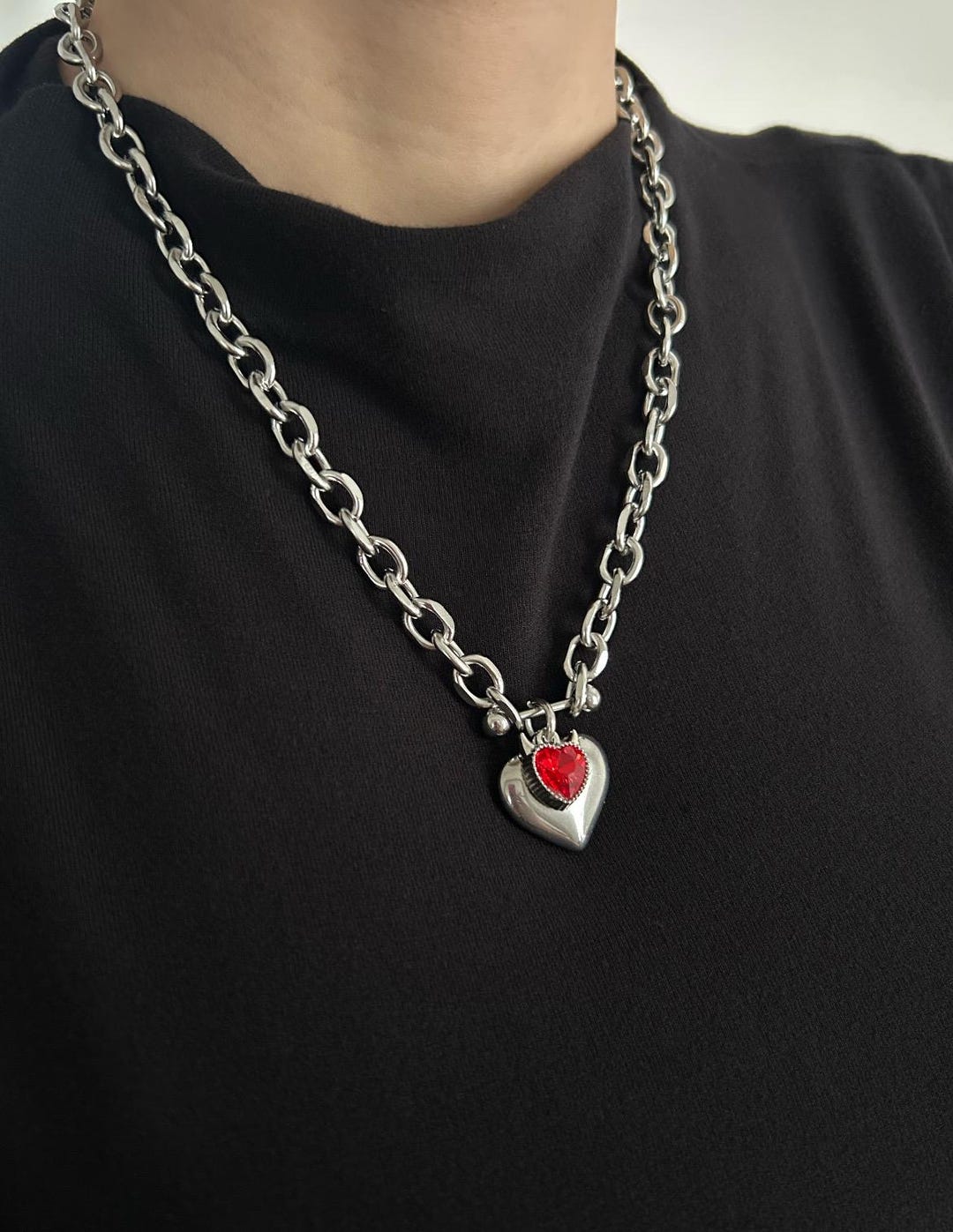 Devil Horns Red Heart Charm Alternative Necklace,large Silver Heart ...