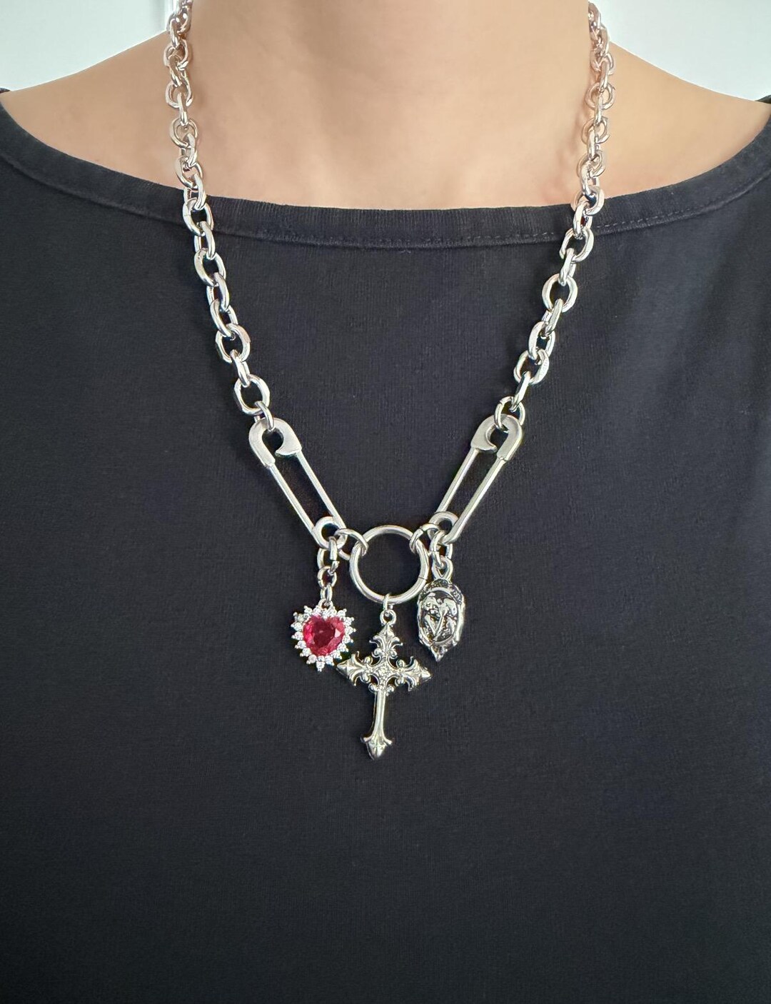 Gothic Silver Charm Necklace,red Heart,alternative Charms,unique ...
