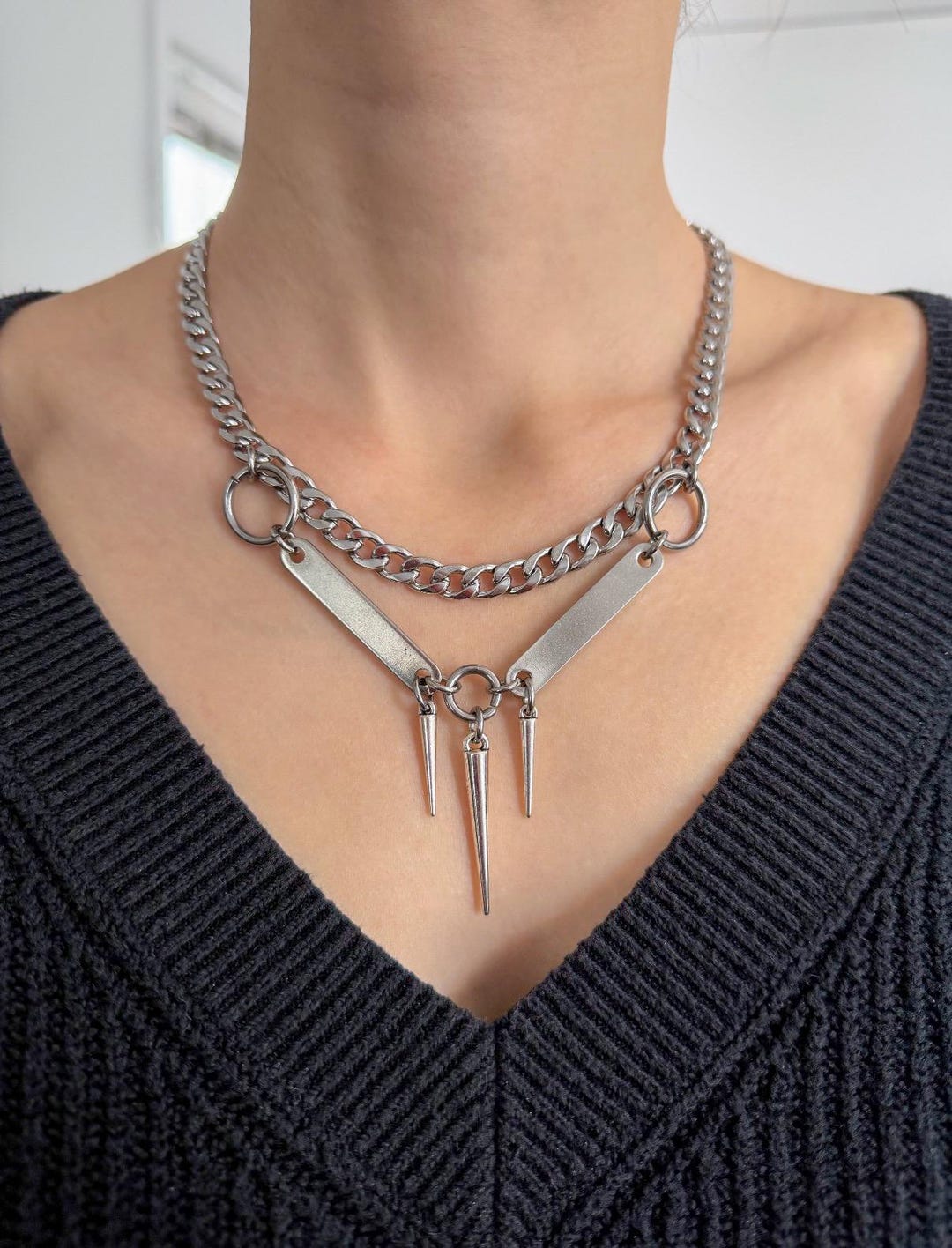 Multiple Spike Charm Necklace,gothic Industrial Edgy Aesthetic Jewelry ...