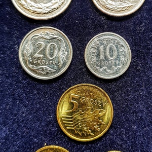 7 monete circolate da collezione dalla Polonia - 1+2+5+10+20+50 groszy + 1 moneta Zloty polacca - numismatica, valuta, denaro, contanti, collezionismo di monete