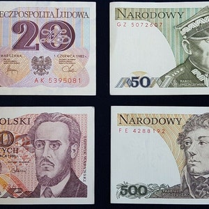 May include: Four Polish zloty banknotes from the 1980s, featuring portraits of historical figures. The denominations are 20, 50, 100, and 500 zloty.