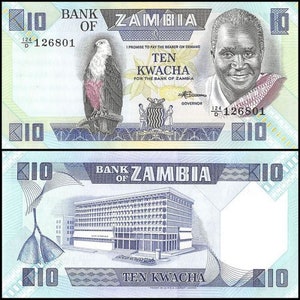 Sambia 10 Kwacha 1980-1988 unzirkulierte Banknote, echt, authentische Rechnung, Banknoten sammelbar, numismatisch, Papiergeld,Weltbanknoten