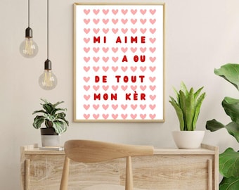 Kreolsk väggposter från Réunion | Jag älskar dig av hela mitt hjärta | Minimalistisk målning | Väggtryck | Réunion-poster | Bild
