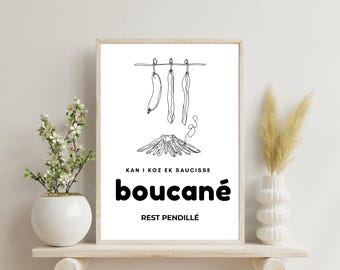 Kreolsk väggaffisch från Réunion Island | Kan i kose ek saucisse boucané | Minimalistisk målning | Väggtryck | Affisch på ön Réunion