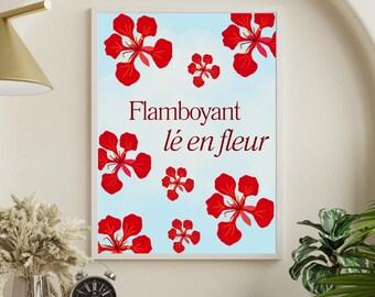 Kreolsk väggkonst från Réunion | Flammande blommor | Minimalistisk målning | Väggtryck | Réunion-affisch | Bild