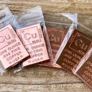 Copper Ingot, Solid 1oz Bars Pure Copper Bullion Fine .999 Stocking Stuffer Holiday Gift Periodic Table of Elements