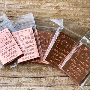 Solid One Ounce Copper Ingot Bars // Pure Copper Bullion, Fine .999 // Stocking Stuffer Holiday Gift // Periodic Table of Elements