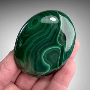 May include: A polished, oval-shaped malachite stone featuring deep forest green and lighter emerald green concentric bands and swirling patterns. The surface is smooth and reflective, showcasing the natural mineral banding characteristic of malachite.