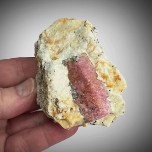 Peut inclure: Un spécimen minéral brut présentant un cristal rose allongé et proéminent incrusté dans une matrice texturée de couleur blanc cassé et crème. La surface du cristal rose est mate, tandis que la roche environnante présente des inclusions.