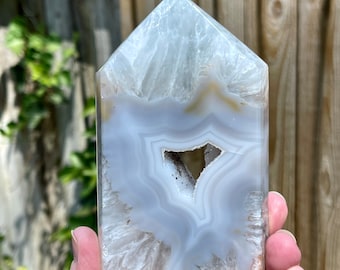 5&quot; Blue-Gray Agate Druzy Quartz Point Tower: Polished Geode