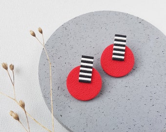 Red stud earrings, Geometric polymer clay jewelry