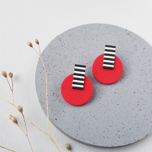 Red stud earrings, Geometric polymer clay jewelry