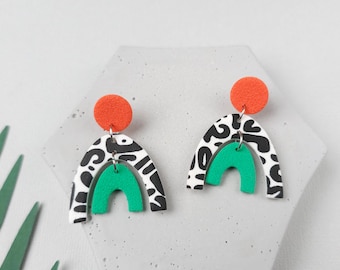 Fun arch earrings, Orange and green polymer clay jewelry