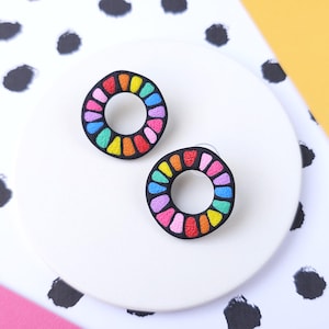 Organic Shaped Rainbow Hoop Polymer Clay Earrings