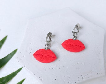 Red lips earrings, Grunge polymer clay earrings