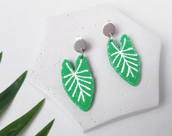 Leaf earrings, Green polymer clay jewelry