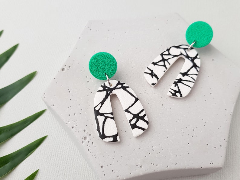 Marble arch earrings, Geometric polymer clay jewelry image 2