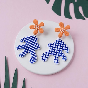 Blue and Orange Statement Polymer Clay Earrings