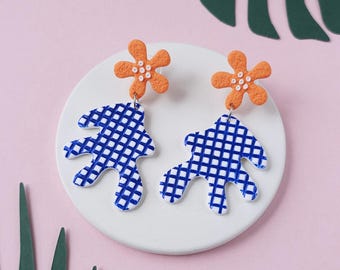 Blue and Orange Statement Polymer Clay Earrings