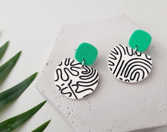 Green statement earrings, Geometric polymer clay jewelry