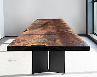 Handmade Bastogne Walnut Live Edge Dining Table: Modern Steel Base