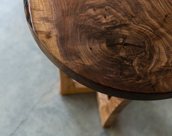 Black Walnut Live Edge Round End Table | Side Table | Maple Base | Handmade