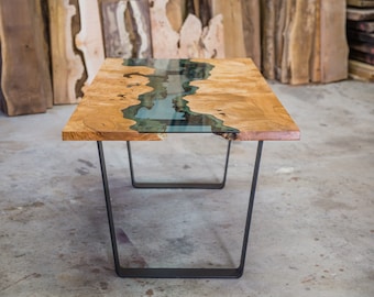 Handmade Big Leaf Maple River Dining Table: Live Edge with Azure Glass