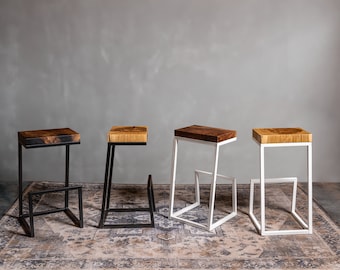 Handmade Bar Stools | Steel Modern Base | Home Decor | Walnut | White Oak | Thick Wood