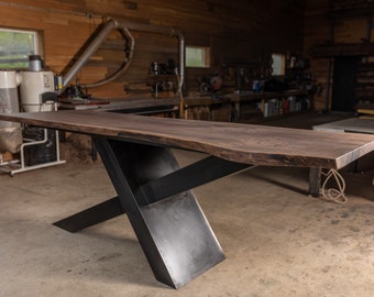 Claro Walnut Live Edge Dining Table | Conference Table | Handmade | Steel Cantilever Base