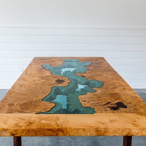 Big Leaf Maple River Dining Table Black Walnut Legs Glass Handmade Live Edge River Table image 1